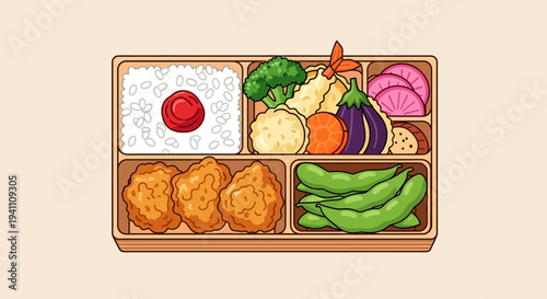 Pixel Art Bento Box Lunch: Fried Chicken, Rice, Tempura, Edamame, Vegetables