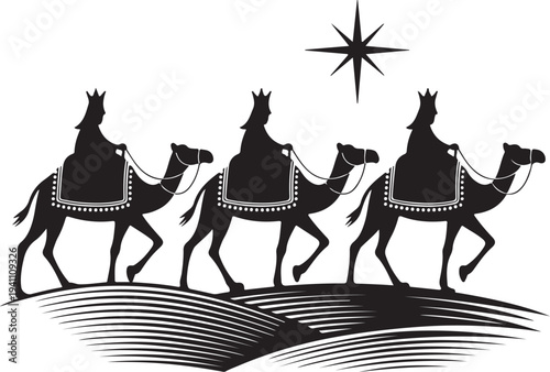 Silhouette Three Kings on Camels with Bethlehem Star – Nativity Epiphany Desert Scene Vector