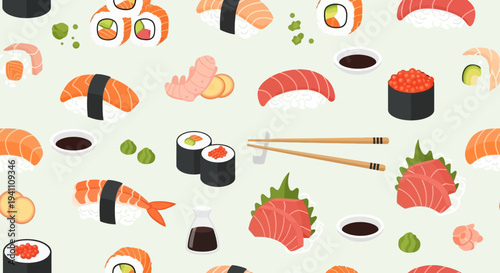 Seamless Sushi Pattern: Delicious Japanese Food Assortment on Light Background