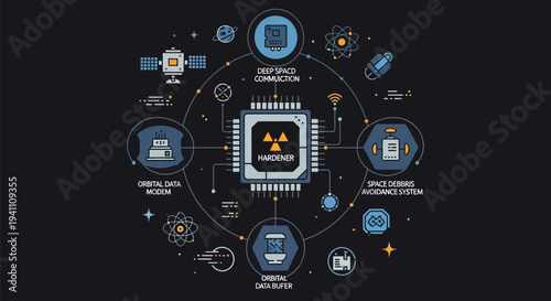 A central integrated circuit chip surrounded by connecting hexagonal modules depicts a complex deep space communication and data handling system in orbit.