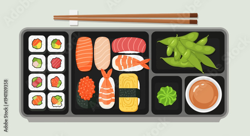 Sushi Bento Box Lunch: Assorted Rolls, Nigiri, Edamame, Wasabi, Soy Sauce