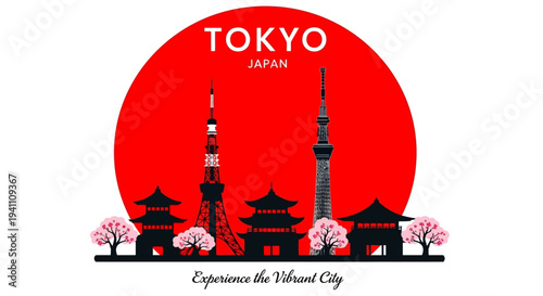 Tokyo Skyline Silhouette with Mount Fuji and Cherry Blossoms