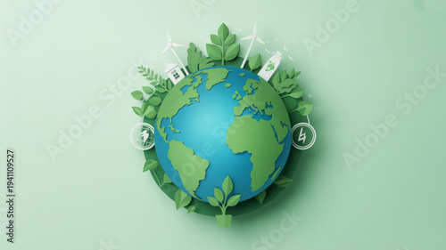 Eco friendly globe with green leaves and wind turbines on a light green background symbolizing environmental sustainability and renewable energy