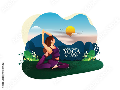 International Yoga Day A woman practices yoga Outdoors on Mat at Sunrise for Wellness and Mindfulness