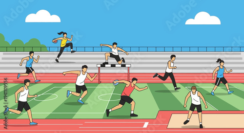 Athletes competing in a track and field event, including running, hurdles, and long jump.