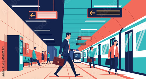 Commuters waiting for train at modern subway station, business people traveling