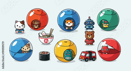Cute Kawaii Characters in Colorful Spheres and Food Items