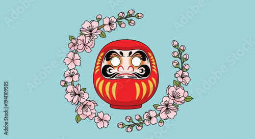 Daruma Doll with Cherry Blossoms on Light Blue Background