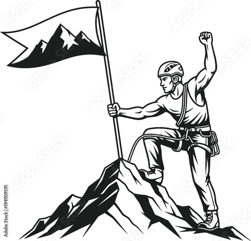 Determined rock climber reaches mountain summit proudly planting a victorious flag emblem in black and white illustration