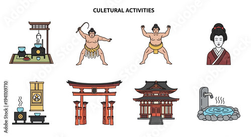 Japanese Cultural Activities and Landmarks Icons Set