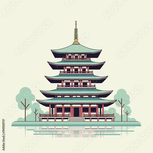 Japanese Pagoda Temple Architecture, Serene Green Pagoda with Reflection