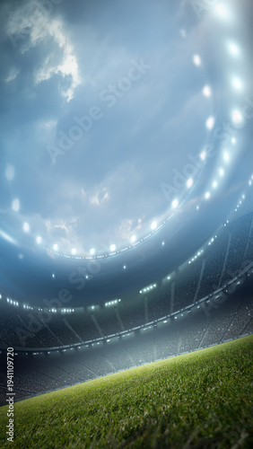 Angled view of football stadium. An imaginary stadium is modelled and rendered.	
