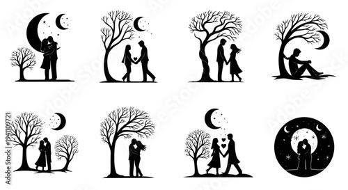 Romantic couples under the moon and trees a striking silhouette