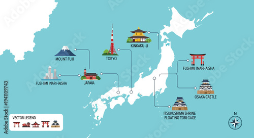 Map of Japan with famous landmarks and tourist attractions