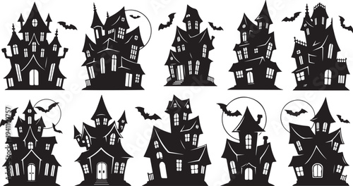 Collection of spooky haunted houses with bats silhouettes