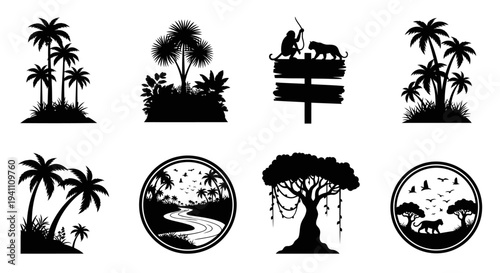 Tropical scenes with palm trees animals and a sign silhouette