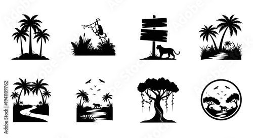 Tropical island scenes with animals and signage all in silhouette