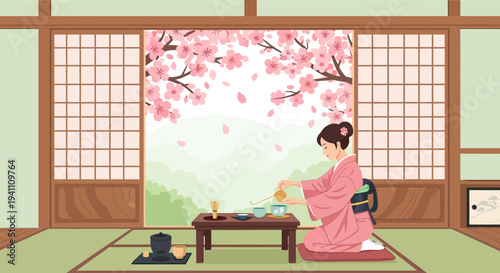 Japanese Woman in Kimono Performing Tea Ceremony Amidst Cherry Blossoms