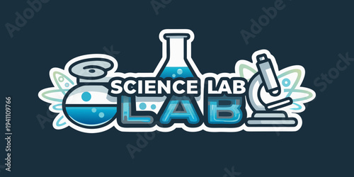 Cartoon illustration featuring science lab equipment and the text science lab