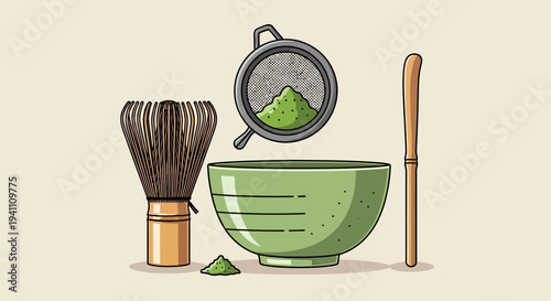 Matcha Tea Ceremony Set: Whisk, Bowl, Sieve, and Scoop on Beige Background