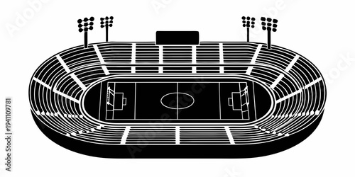 Aerial view of a black and white oval sports stadium illustration