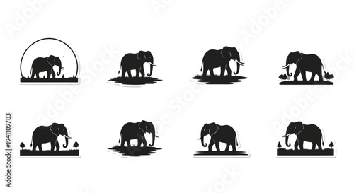 Multiple elephant illustrations arranged in a grid black silhouette