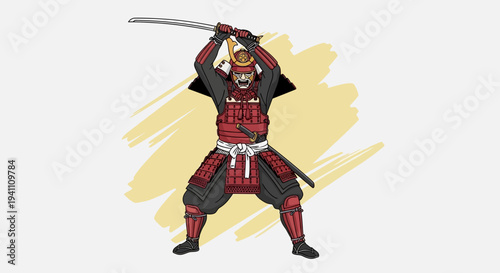 Samurai Warrior in Red Armor with Katana Sword, Japanese Warrior Illustration