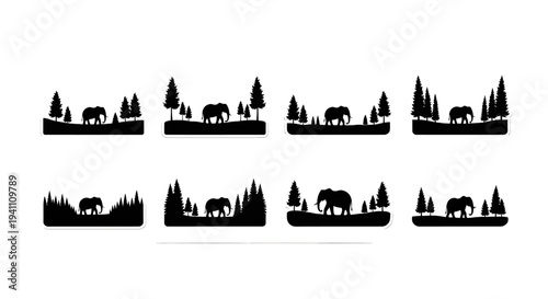 Photography Repeating pattern of elephants and trees in a dark silhouette