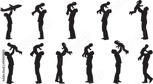 Silhouettes of people dancing in various poses together happily