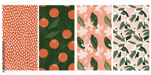 Four patterned panels featuring dots citrus fruit and floral designs