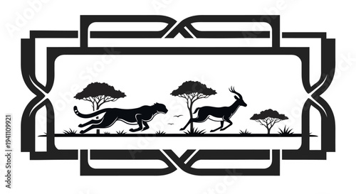 African savanna scene with cheetah and gazelle inside an ornate frame silhouette