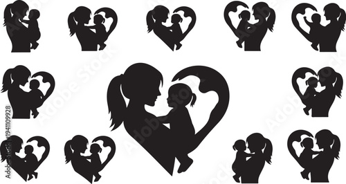 Mother and child silhouettes in heart shapes together forever