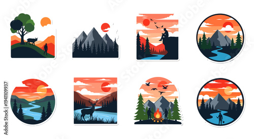 Six sticker designs featuring mountain landscapes and a striking silhouette
