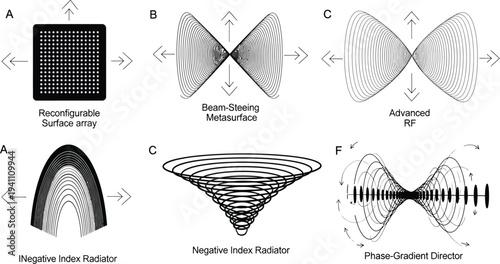 Six schematic diagrams illustrate different antenna beam manipulation techniques using metasurfaces and specialized radiators in scientific analysis.