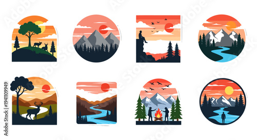 Collection of scenic landscape stickers with striking sunset silhouettes