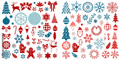 Festive collection of christmas ornaments and winter holiday decorations