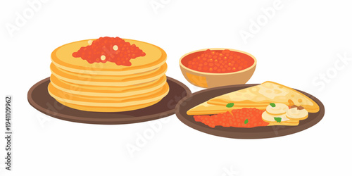 A colorful illustration of pancakes salmon roe and a cheese slice