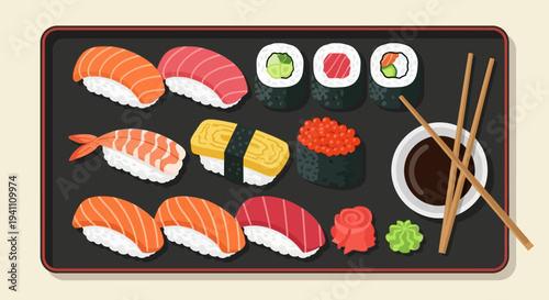 Assortment of Fresh Sushi and Sashimi on a Black Platter with Chopsticks and Soy Sauce