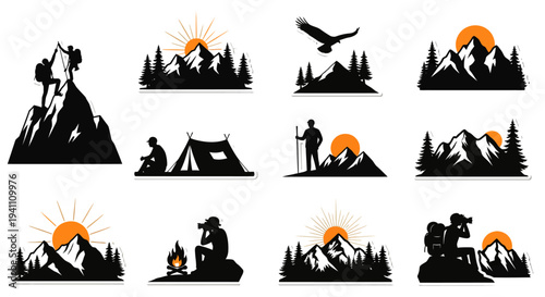 Outdoor adventure emblems featuring mountains trees and people silhouette