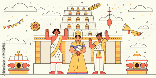 Indian family celebrating a festival in front of a temple structure