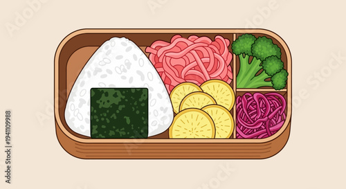 Bento Box Lunch: Onigiri, Pickled Ginger, Broccoli, and Pickled Radish