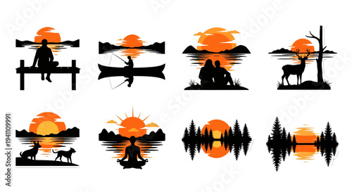 Outdoor adventure stickers featuring scenic sunset views a silhouette