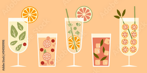 Colorful illustrated drinks in tall glasses with fruit and herbs