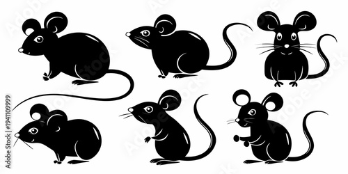 Collection of stylized black mice in various poses against a white background