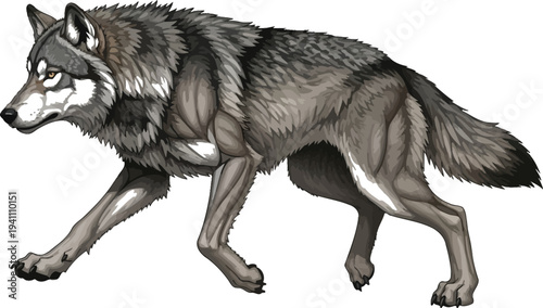 Detailed illustration of a powerful gray wolf in a realistic side profile walking stance against a white background