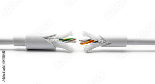 Frayed electrical cable with colorful inner wires exposed, isolated on a clean white background, highlighting damage and repair needs