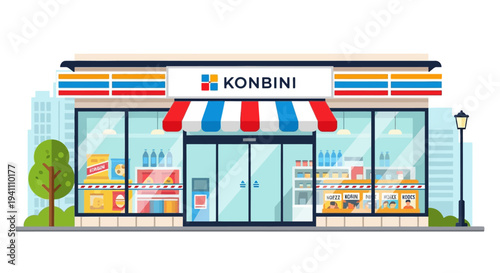Japanese Konbini Convenience Store Facade with Products Displayed Inside