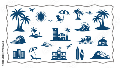 A collection of blue icons representing a beach vacation