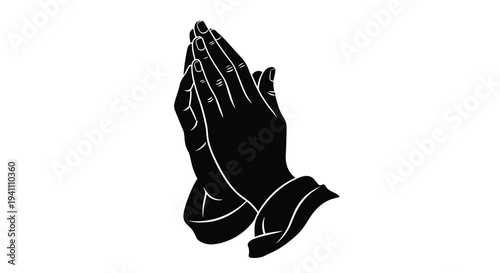 Black silhouette of praying hands with white outline, Generative AI.