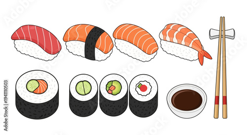 Assorted Sushi Rolls, Nigiri, and Chopsticks with Soy Sauce
